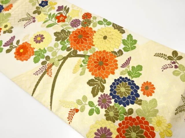 JAPANESE KIMONO / ANTIQUE FUKURO OBI / SILK / WOVEN KIKU